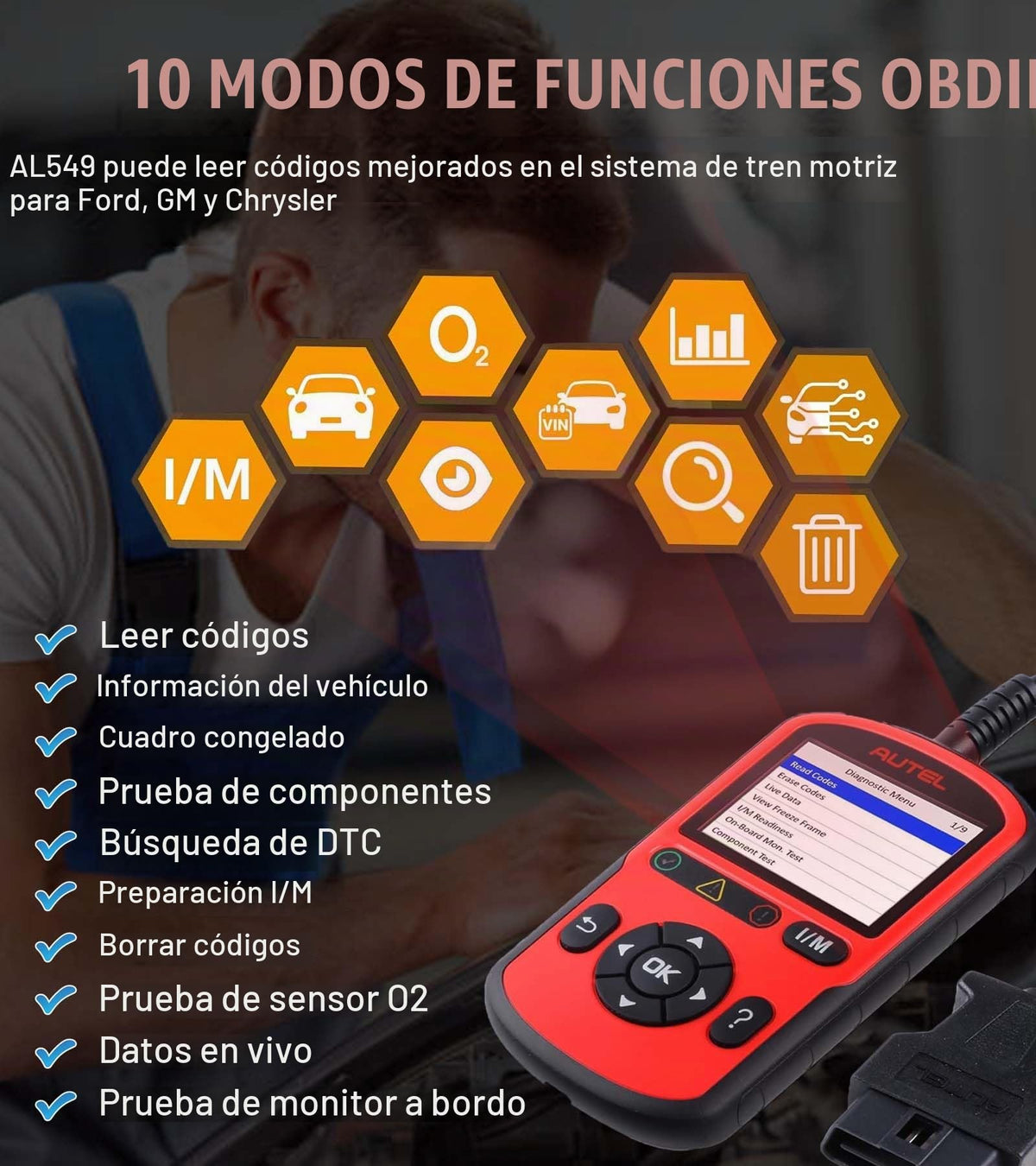 Escáner OBD2 Autel AutoLink AL549 Rojo con Diagnóstico AutoVin y Prueba de Batería para Automóvil