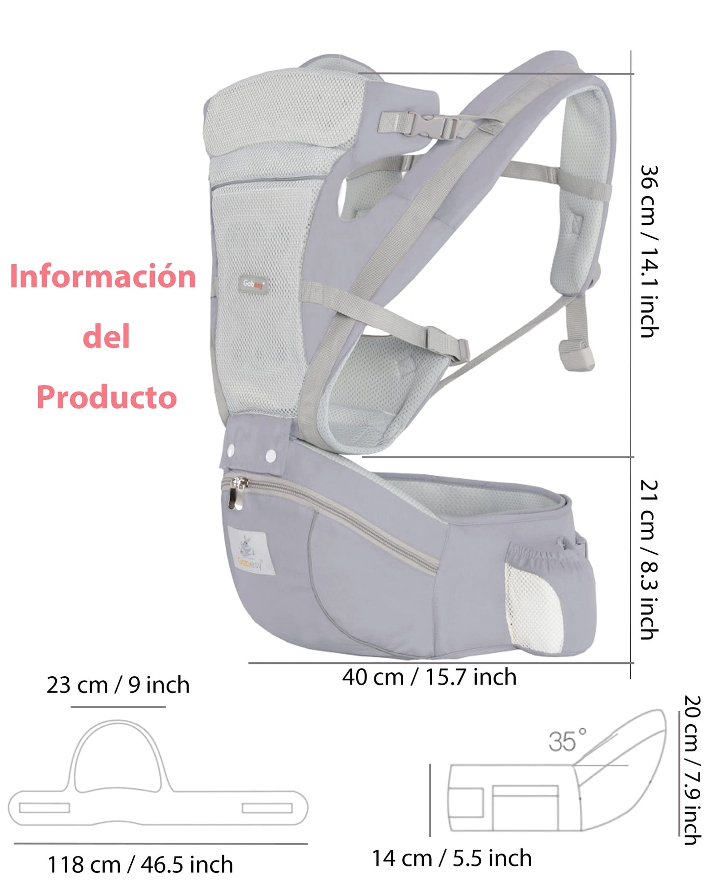 Canguro SNORF Amarillo Ergonómico y Ajustable con Asiento para las Caderas para Bebés de 0 a 36 Meses