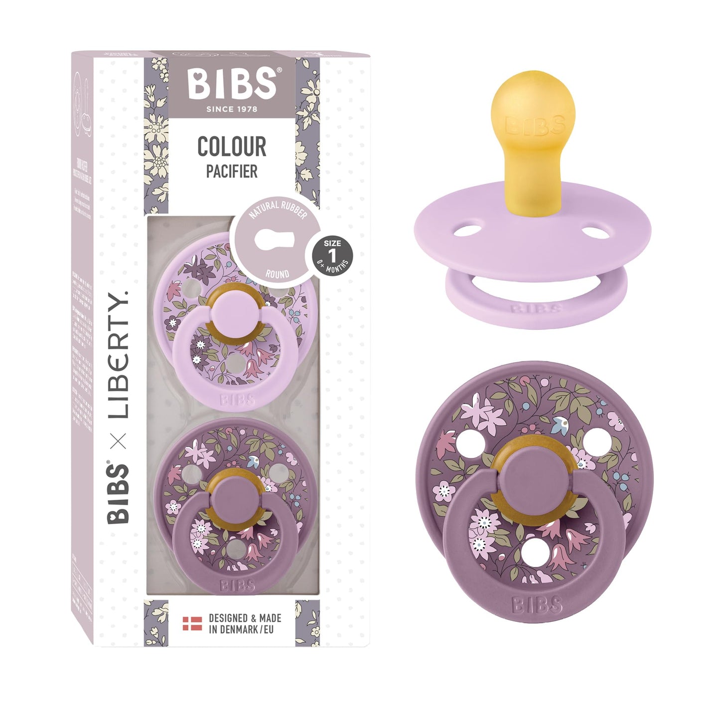 BIBS Liberty diseño Exclusivo 2 chupetes. Libre de BPA, Tetina redonda. Látex natural, Talla 1 (0-6 meses) Chamomile Lawn/Violet Sky
