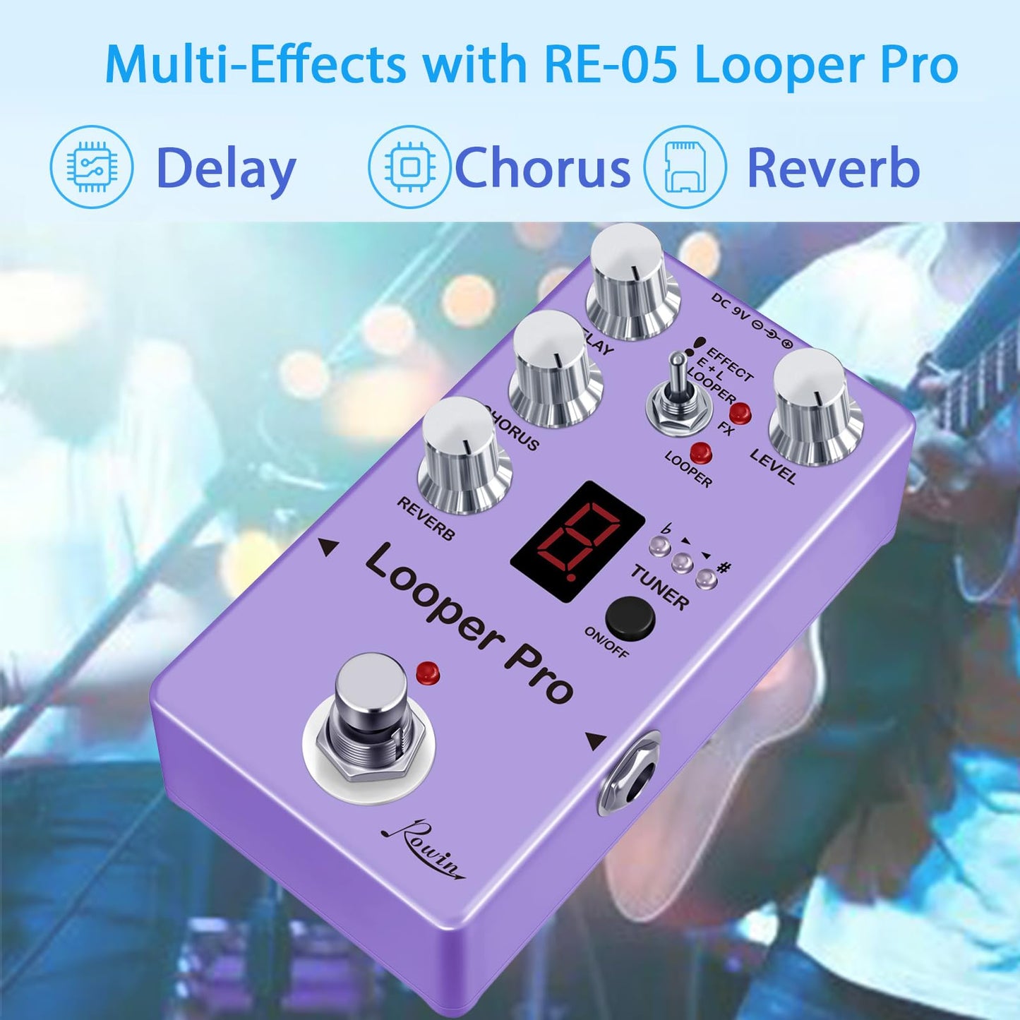 Pedal Multiefectos Rowin RE-05 Pro Looper para Guitarra Negro con Looper y True Bypass