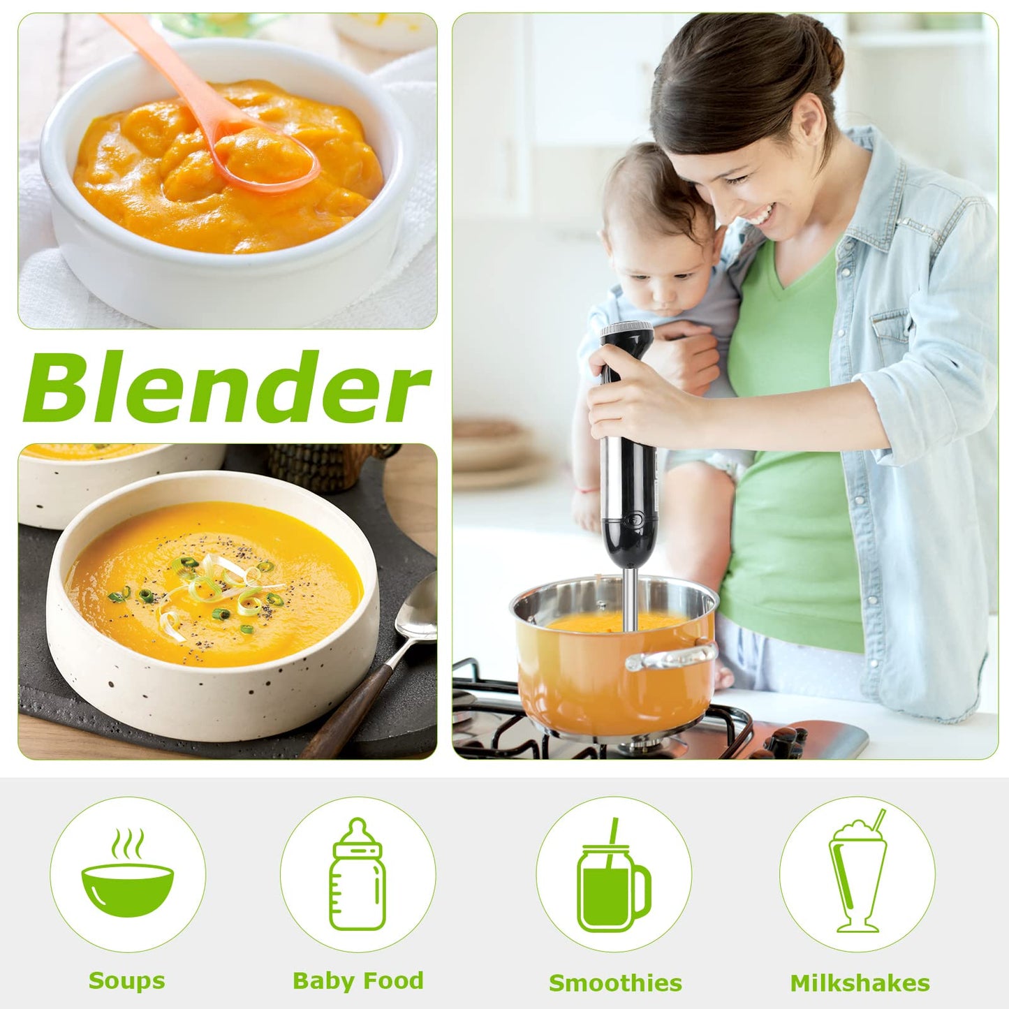 Bonsenkitchen - Batidora de inmersión , 20 velocidades variables y turbo, batidora de mano 4 en 1 de acero inoxidable con batidor de huevos, vaso y bol picador