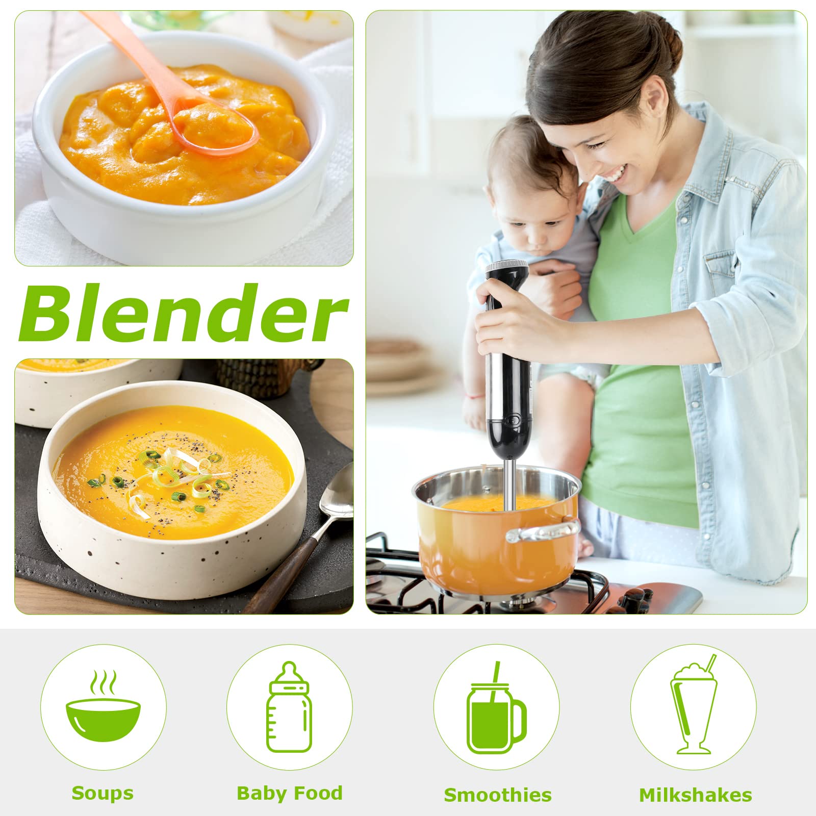 Bonsenkitchen - Batidora de inmersión , 20 velocidades variables y turbo, batidora de mano 4 en 1 de acero inoxidable con batidor de huevos, vaso y bol picador