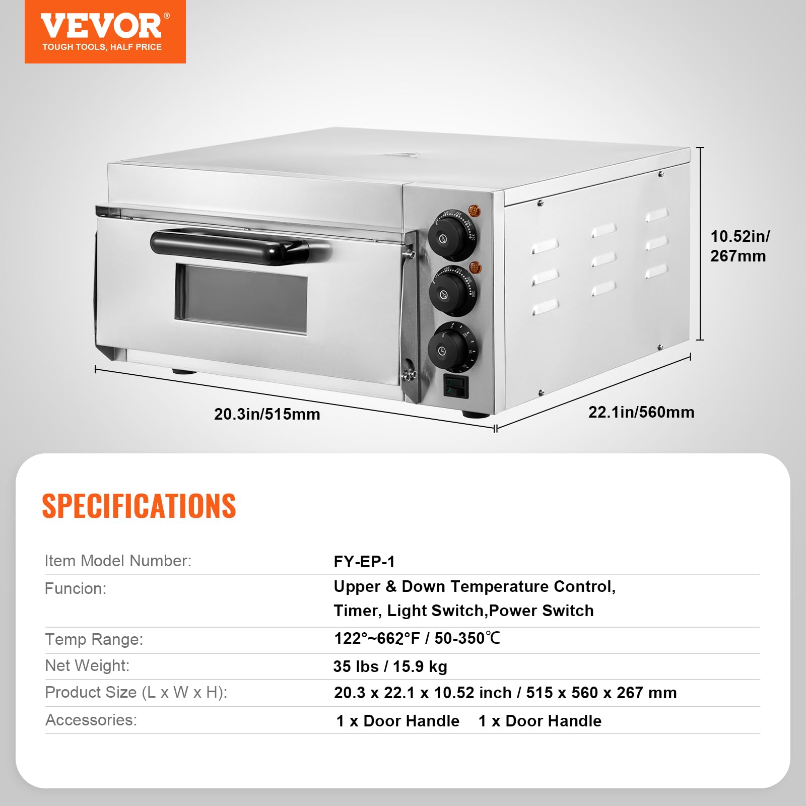 Horno de Pizza Eléctrico VEVOR 16 Pulgadas 1700 W con Temperatura Ajustable y Temporizador de 0 a 60 Minutos para Horneado Uniforme
