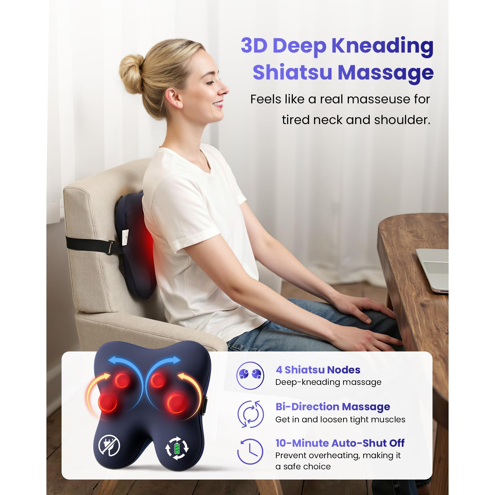 BOB AND BRAD - Masajeador de espalda con calor, masajeador Shiatsu inalámbrico para cuello y espalda, masajeador de cuello y hombros, almohada de masaje de amasamiento 3D para aliviar el dolor