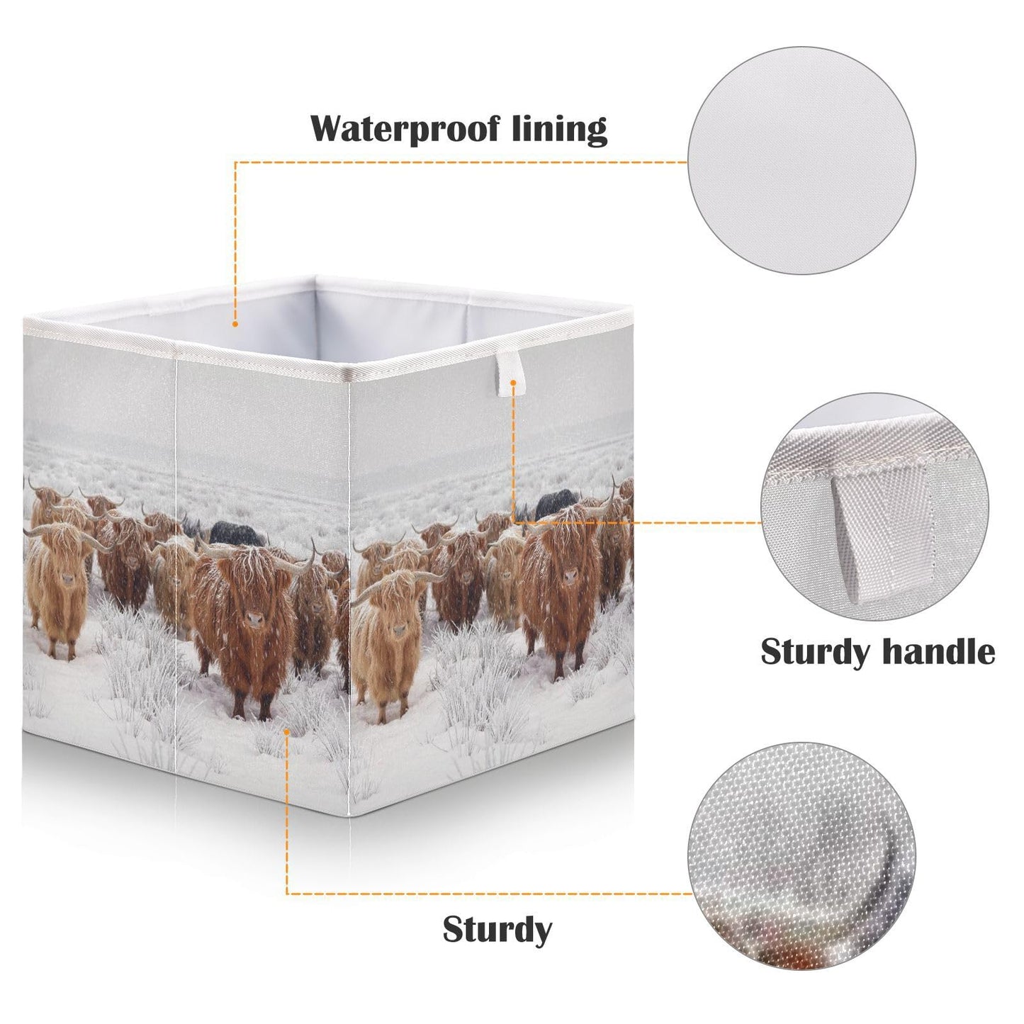 linqin Contenedores de almacenamiento abiertos plegables de vaca escocesa de las tierras altas en un invierno natural, cesta de almacenamiento plegable para guardería, cubo de tela, organizador rectangular con asas para estantes, armario, decoración del h