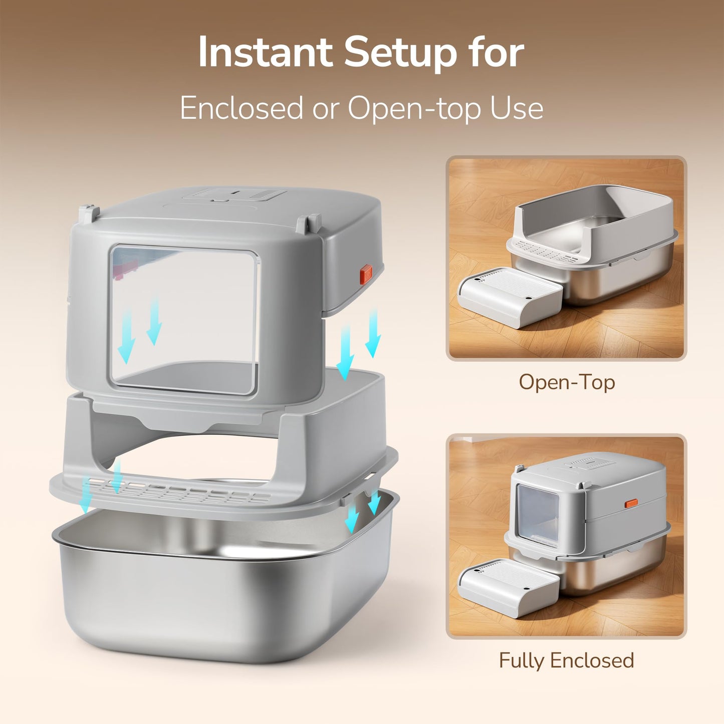 Aupures - Caja de arena de acero inoxidable con tapa – Caja de arena para gatos cubierta extraíble XL con solapa de puerta, caja de arena de metal extragrande con lados altos, cuchara de arena –