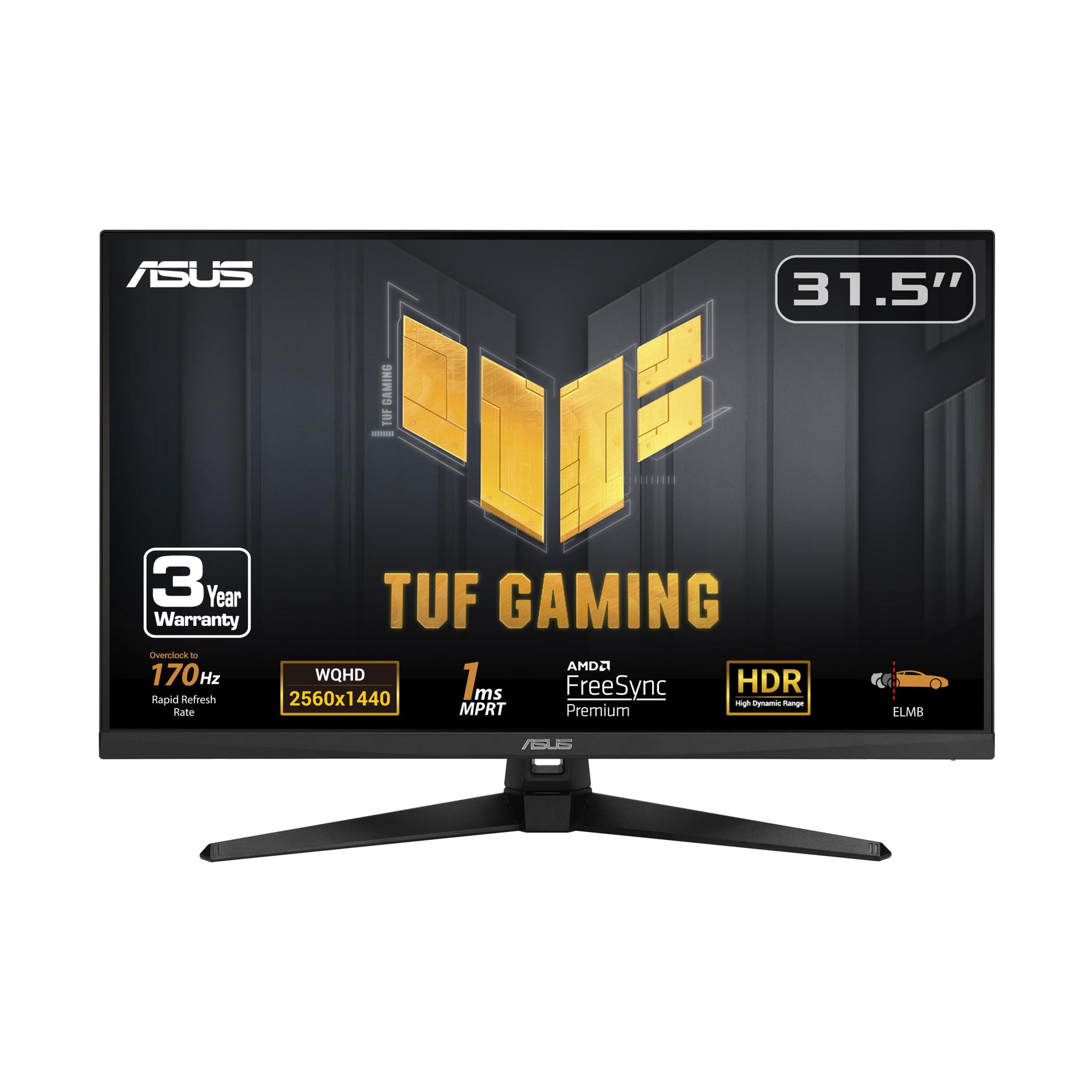 ASUS TUF Gaming Monitor HDR de 31.5" 1440P (VG32AQA1A) - QHD (2560 x 1440), 170Hz, 1ms, Extreme Low Motion Blur, FreeSync Premium, DisplayPort, HDMI, HDR-10, Shadow Boost, VESA Montaje en pared, negro