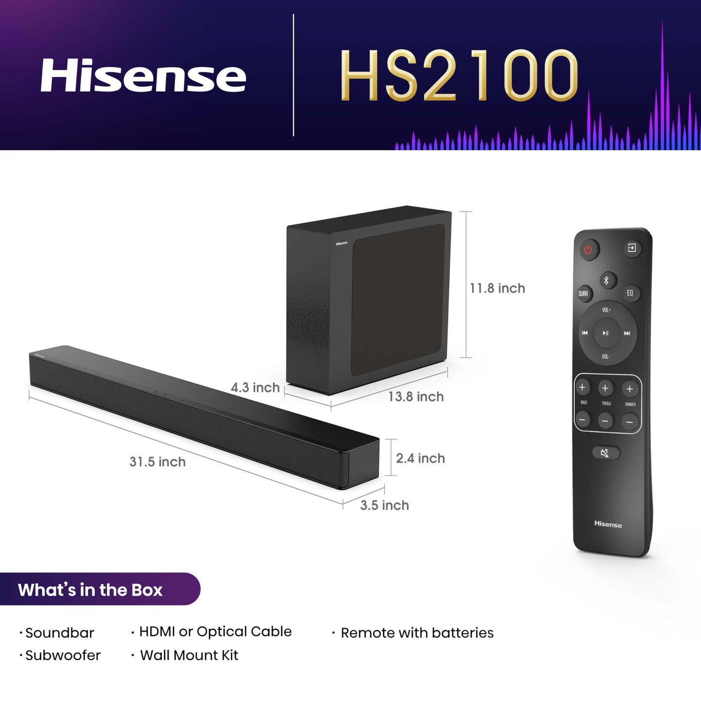 Hisense HS2100 Barra de Sonido de 2.1 Ch 240W con subwoofer inalámbrico - DTS Virtual X, Ezplay, 7 Modos EQ, HDMI eARC, Bluetooth (Modelo 2023)