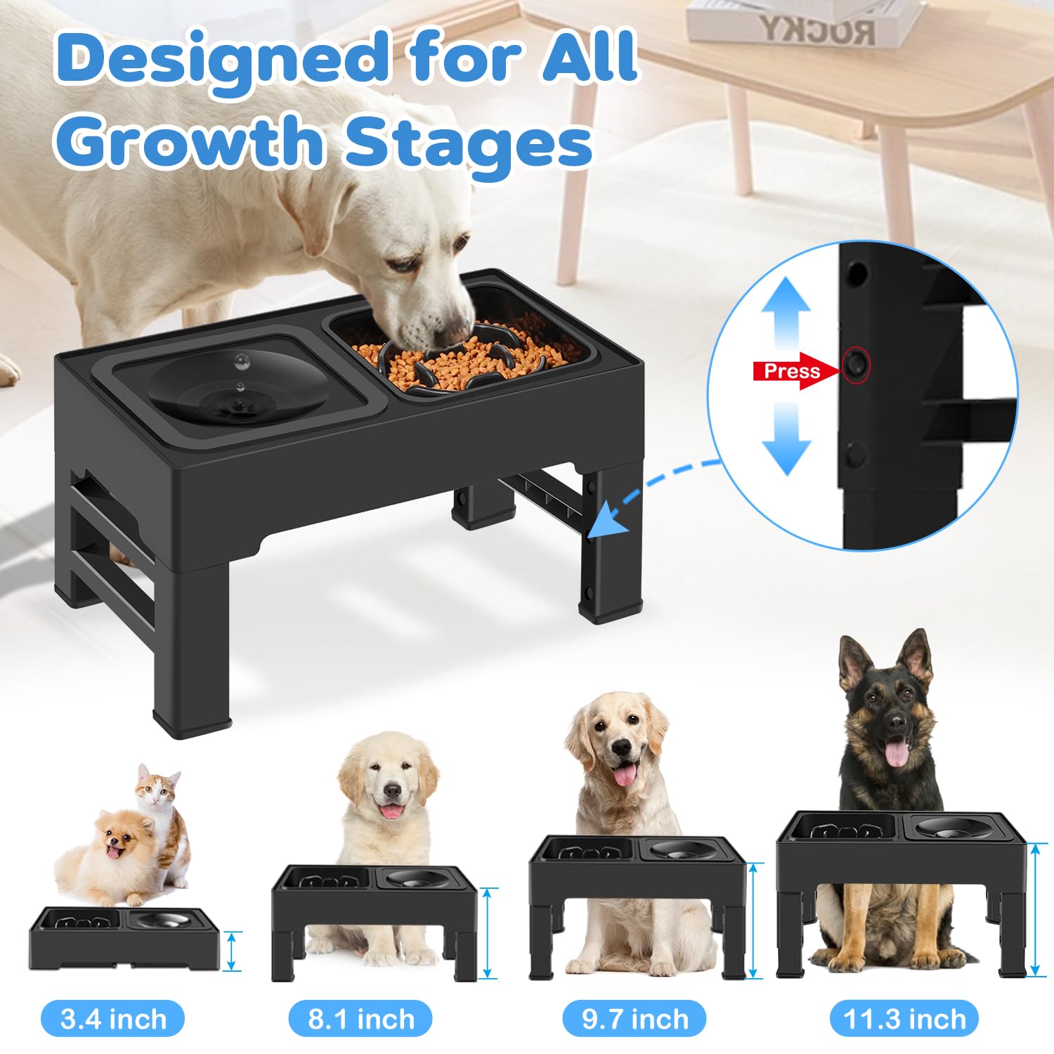 IKUSO - Tazones para Perros 2-en-1 con Altura Ajustable y Comida Lenta, Antiderrame y Antideslizante, Protege la Columna Vertebral del Perro