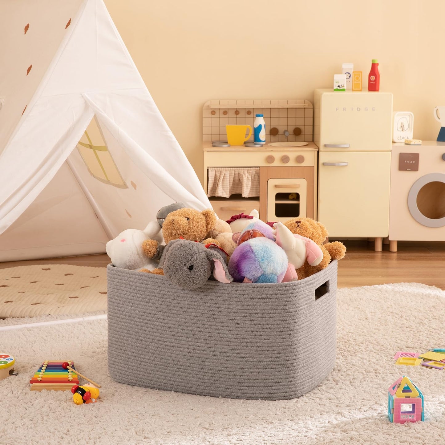 OIAHOMY - Cesta Rectangular XXL de Manta de 96 L, cesta tejida de algodón para almacenamiento, cesta de ropa sucia para sala de estar, guardería, recámara, organización de juguetes con asa, 24" x 16