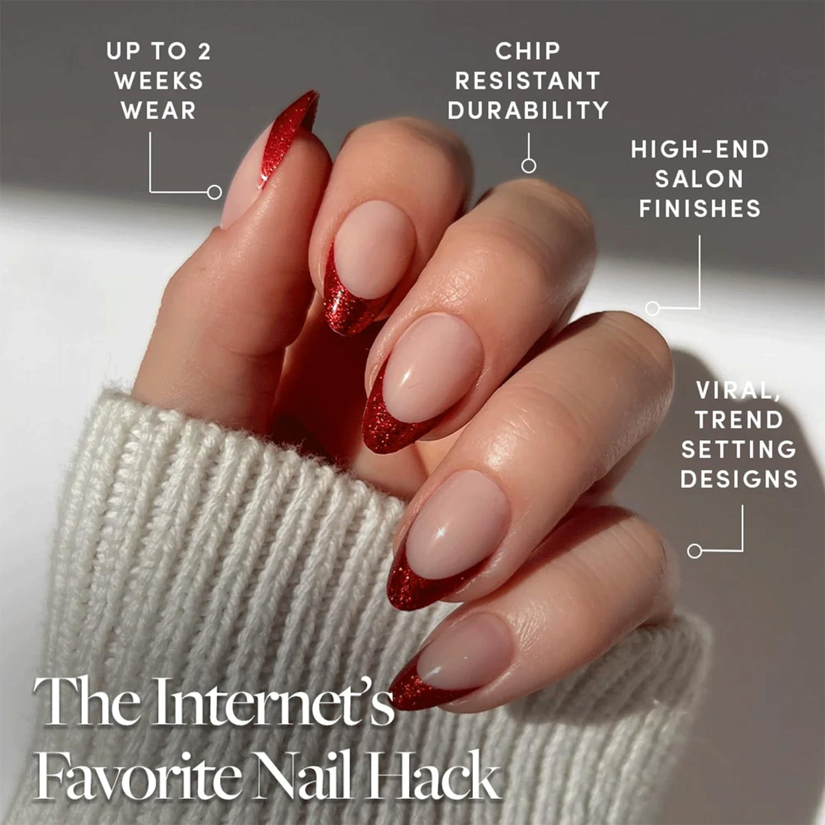 Glamnetic Uñas Postizas - Red Affair | Uñas Cortas Almendradas Rojas Con Purpurina Y Punta Francesa Con Acabado Brillante | 15 Tamaños - Kit De 30 Uñas Con Pegamento