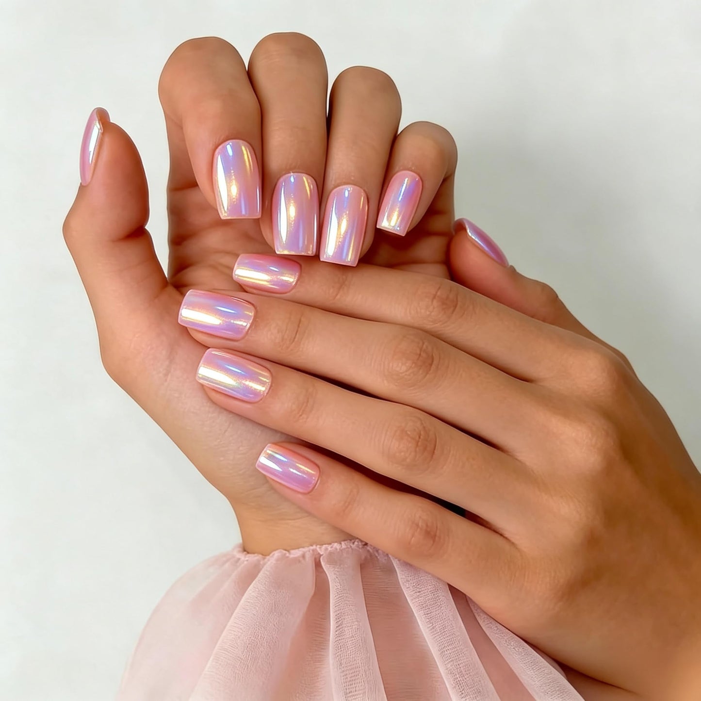 SXVME Uñas postizas cuadradas cortas medianas - Uñas postizas en cromo rosa bebé iridiscente con pegamento para mujer, uñas postizas de gel brillante, uñas postizas reutilizables, 24 unidades