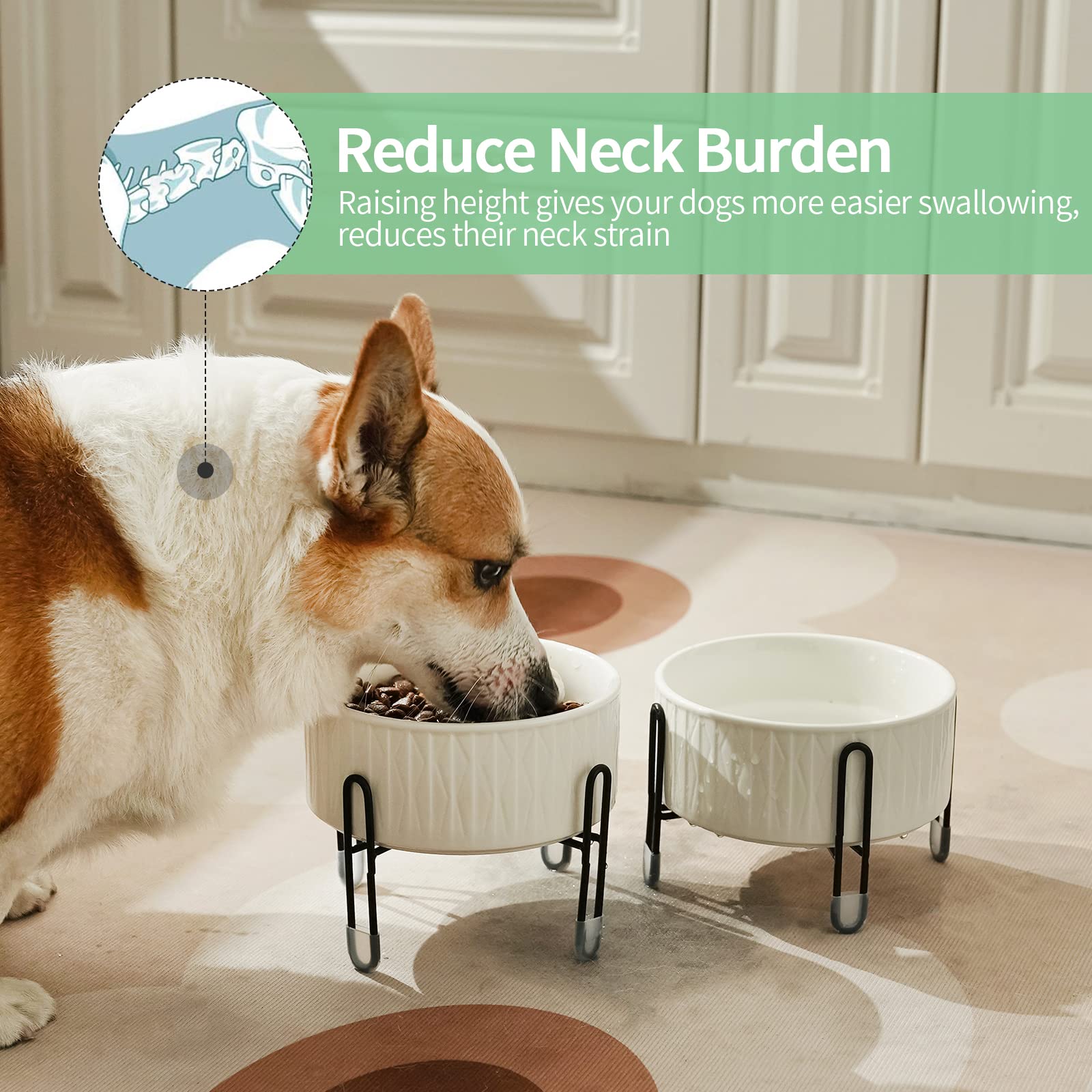 Cuencos de cerámica para perros y gatos de 32 onzas con soporte de metal elevado, tazón redondo de cerámica de 6.5 pulgadas para alimentos y alimentos para mascotas y perros, blanco, juego de 2
