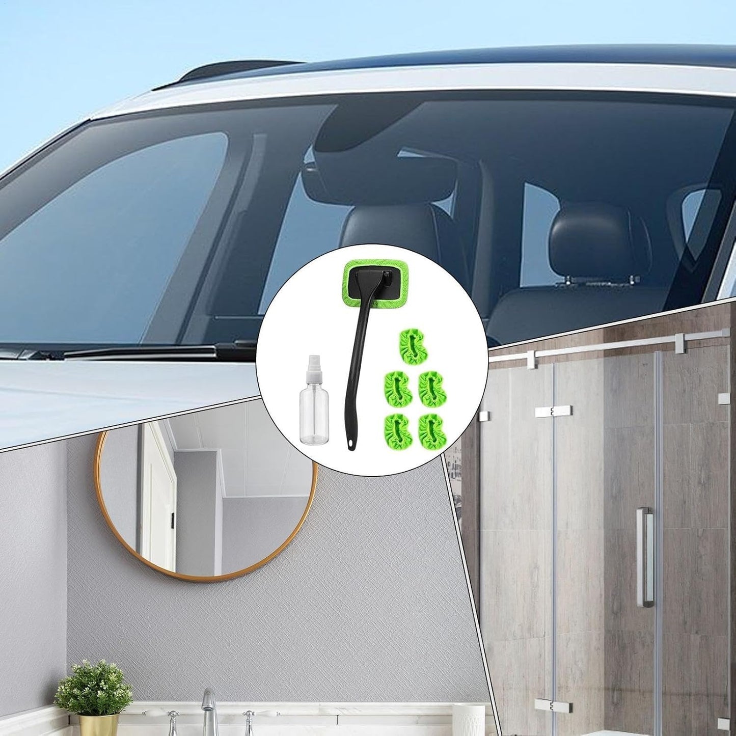 Herramienta de limpieza de parabrisas de coche, limpiador de parabrisas mejorado con 5 almohadillas de microfibra lavables y reutilizables y mango extensible para limpiaparabrisas automático (verde)