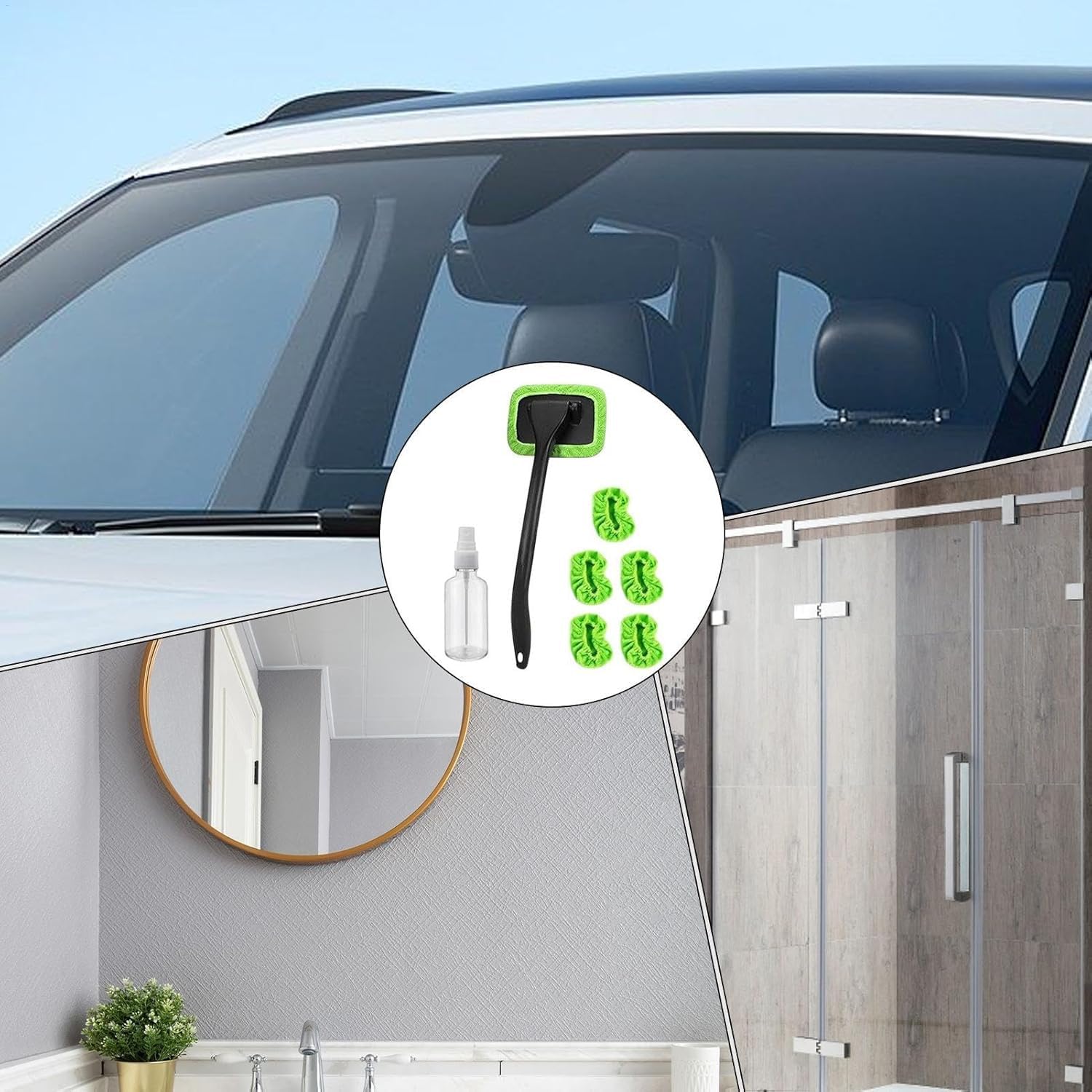 Herramienta de limpieza de parabrisas de coche, limpiador de parabrisas mejorado con 5 almohadillas de microfibra lavables y reutilizables y mango extensible para limpiaparabrisas automático (verde)