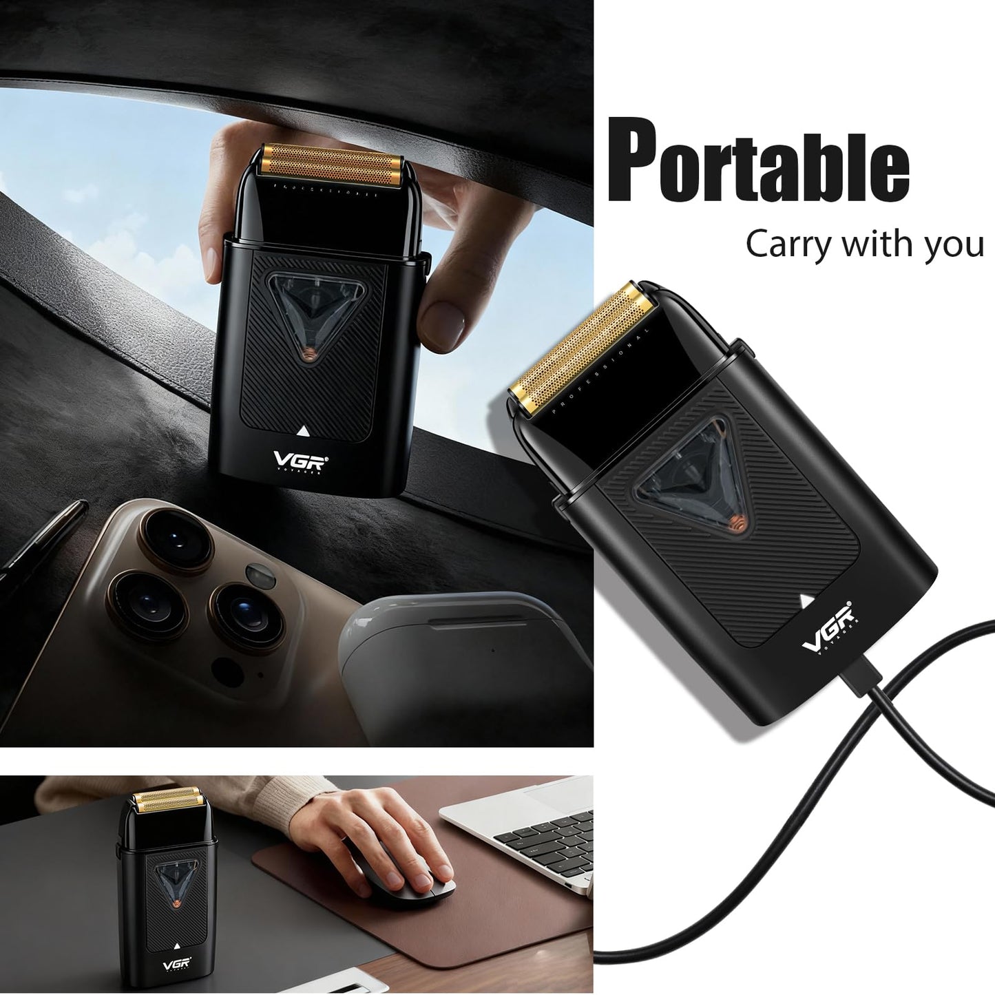 VGR Afeitadora eléctrica para hombre 334, afeitadora compacta de doble lámina con motor vectorial de 10000 rpm, máquina de afeitar de 0 mm con estación de carga inalámbrica, lámpara LED y bolsa de