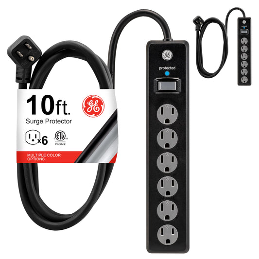 GE Tira Multicontactos De 6 Salidas Con Supresor De Picos Y Enchufe Plano, Cable De Extensión De 3.0 Metros (10 Pies), 600 Julios, Cubiertas De Seguridad Con Giro Para Cerrar, Negro, 2 Unidades, 54646