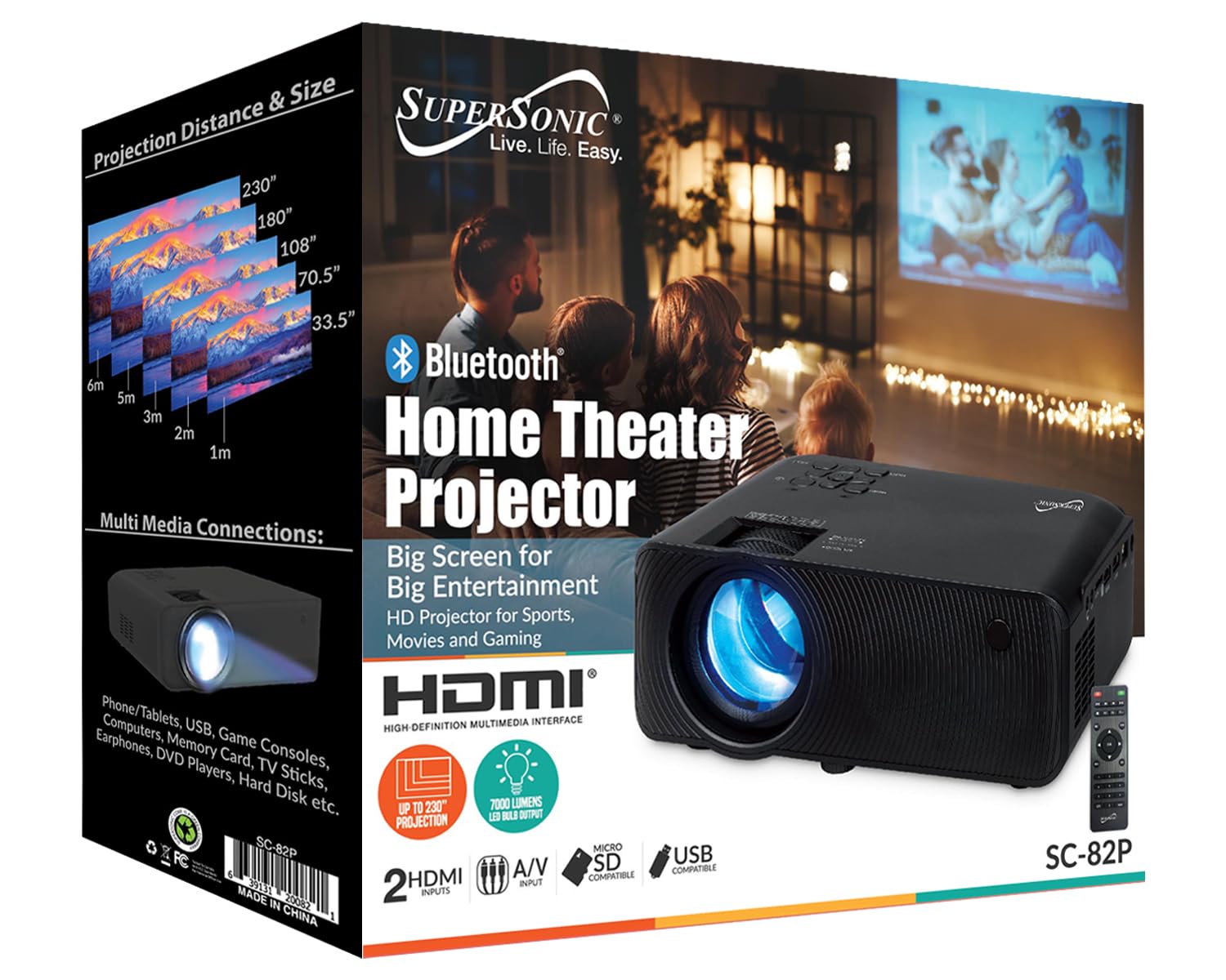 Proyector Supersonic Blanco Bluetooth de Cine en Casa Lumina Cristalina 7000 1080P inalámbrico para Colores Reales y Sonido Potente