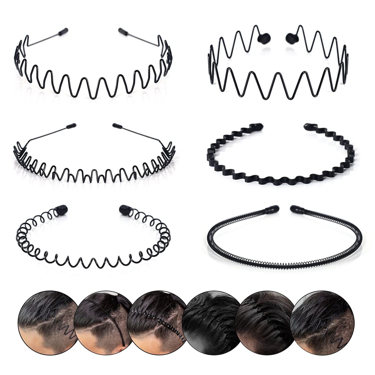 YIUTERA Diademas de Metal Ondulado, 6 Piezas Ondulada Deportes Cabello Aro, Unisex Negro Primavera Diadema, Aro para el Pelo Antideslizantes para para Correr, Baño y Maquillaje Diademas de Metal