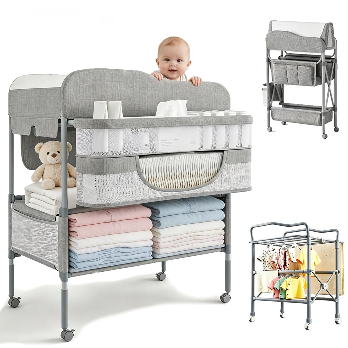 Cambiador para Bebe Plegable,Estación de Cambio de Pañales Impermeable Versátil,Ajustable en 3 Alturas,360°Ruedas,Mobile nursery for newborns