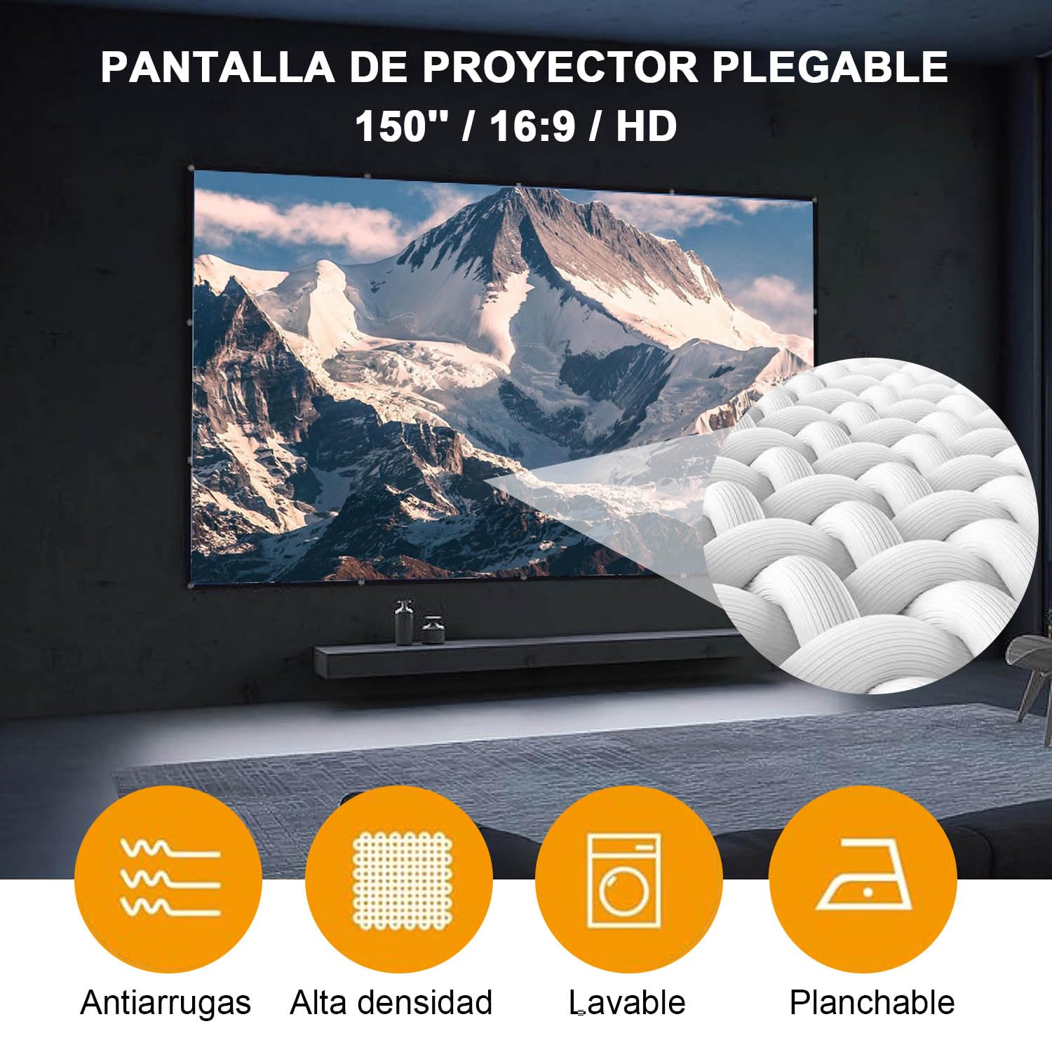Pantalla para Proyector, Tela para Proyector de150 Pulgadas, Visualización de Proyección Antiarrugas, HD 4K Lona para Proyector, Pantalla de Cine Plegable para Interior y Exterior(espesado-150)