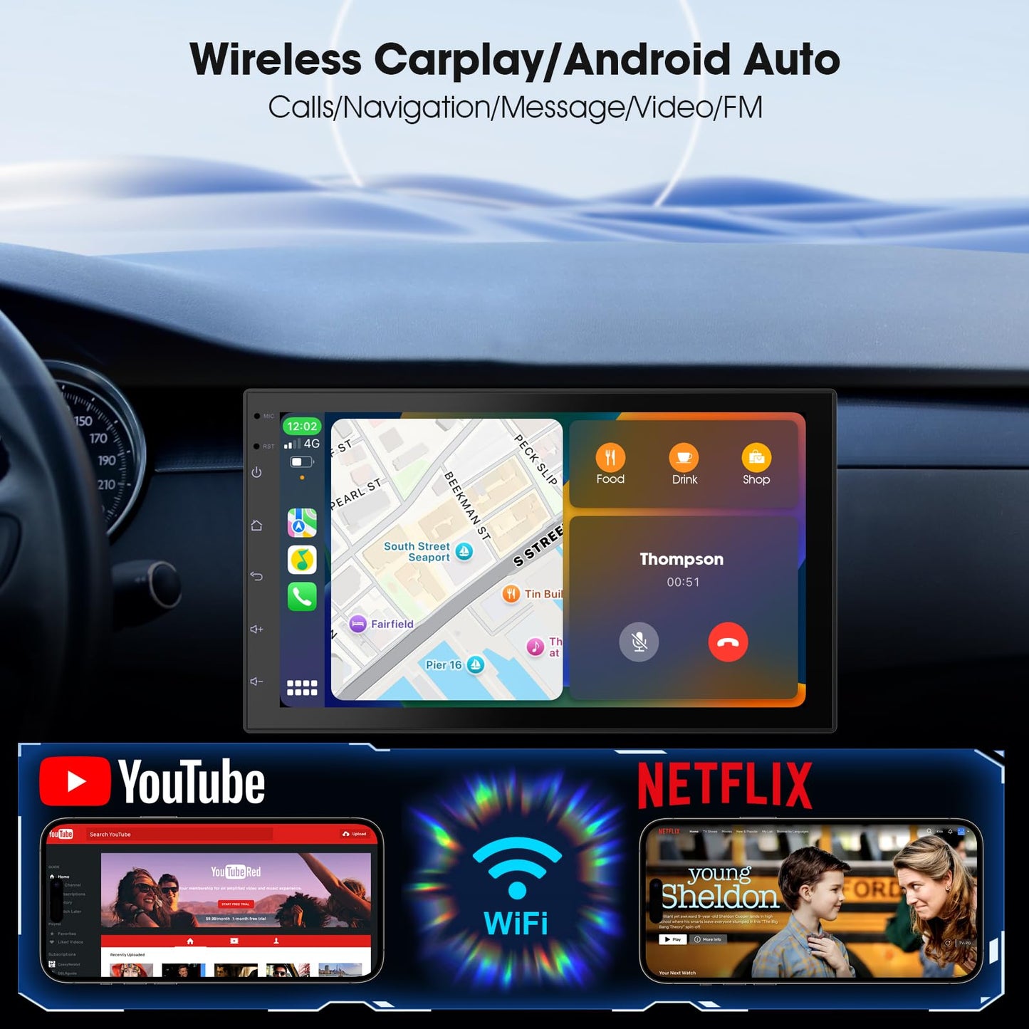 Haudio CarPlay - visualización inalámbrica para Coche y Android Auto Head Unit - visualización táctil de 7 Pulgadas Doble DIN estéreo (2+64GB)
