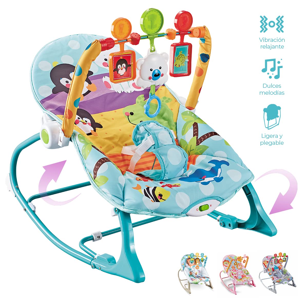 Silla Mecedora Raganet Verde Agua con Barra de Juguetes Desmontable para Bebés y Niños