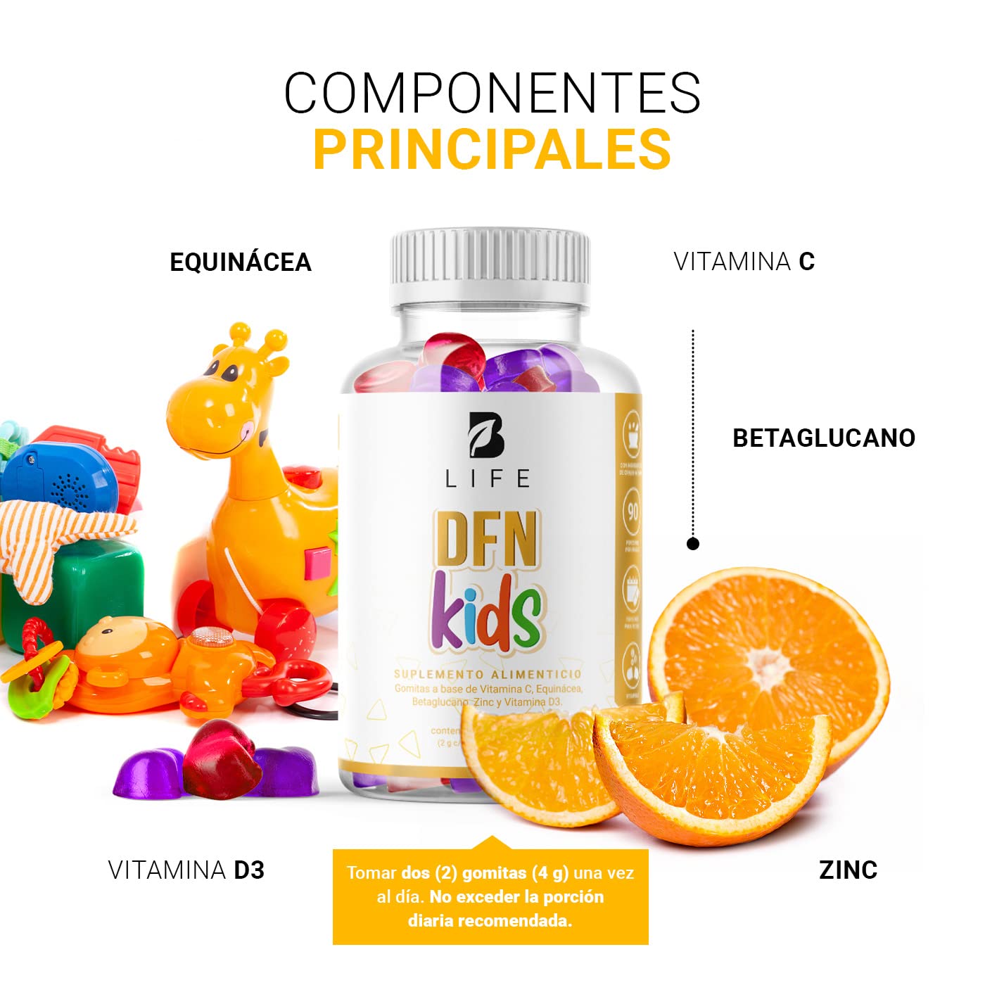 DFN Kids 180 gomitas SIN AZÚCAR añadida. Ingredientes naturales: Vitamina C, D3, Echinacea y Zinc. DFN Kids B Life.