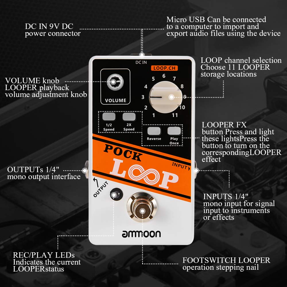 Chooyo Pock Loop Looper Pedal de Efectos de Guitarra 11 loopers Máximo de 330 mios de Tiempo de grabación Admite reproducción de Velocidad 1/2 y 2X Funciones inversas True Bypass