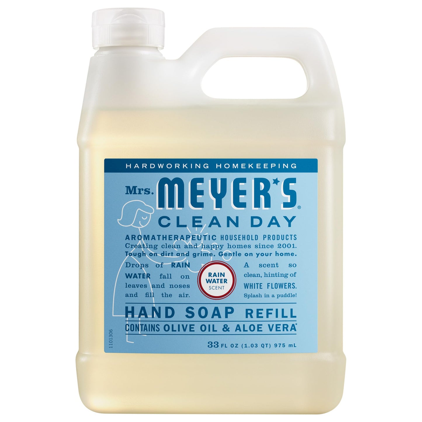 Mrs. Meyer’s Refill Jabón de Manos Líquido Rain Water, 975 ml | Repuesto con Aroma Limpio y Refrescante | Fórmula Suave de Origen Vegetal | Ideal para Uso Diario | Sin Parabenos ni Crueldad Animal
