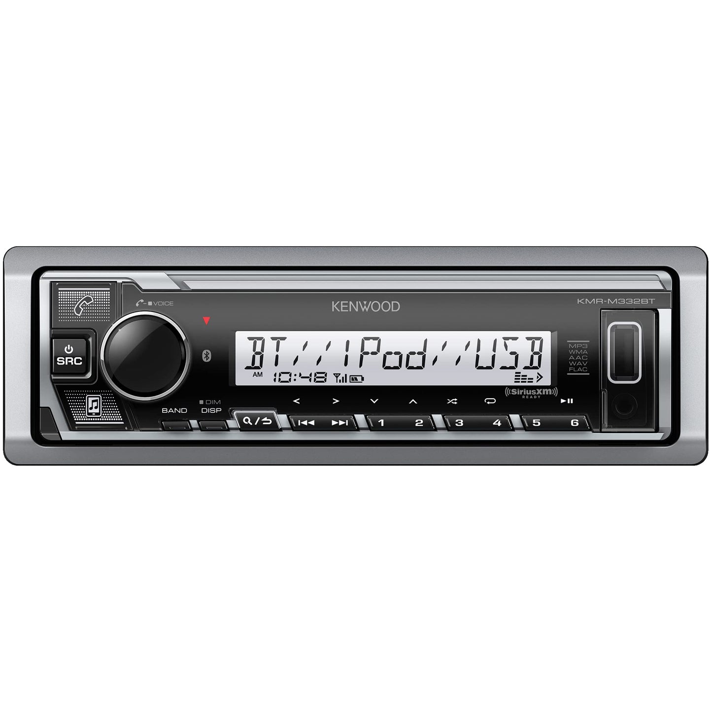 Kenwood KMR-M332BT Estéreo para Auto y Marina, de Un Solo Din, Audio Bluetooth, USB-MP3, Entrada AUX, Radio AM-FM SiriusXM, Resistente a la Intemperie, Iluminación Multicolor