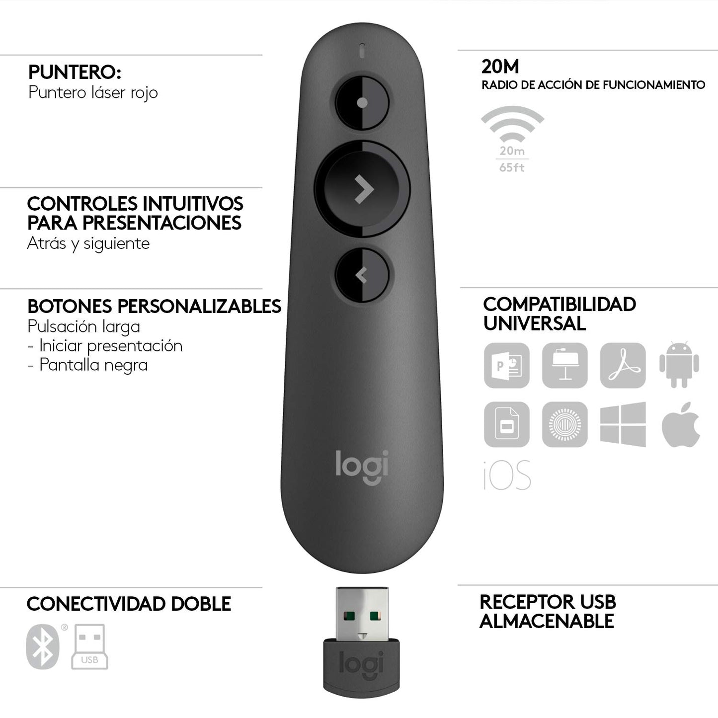 Logitech R500 Presentación láser remoto inalámbrico Presentador, W126636324 (Presentador inalámbrico remoto Bluetooth/RF Graphite Logitech R500 Laser Presentation Remote, Bluetooth/RF)
