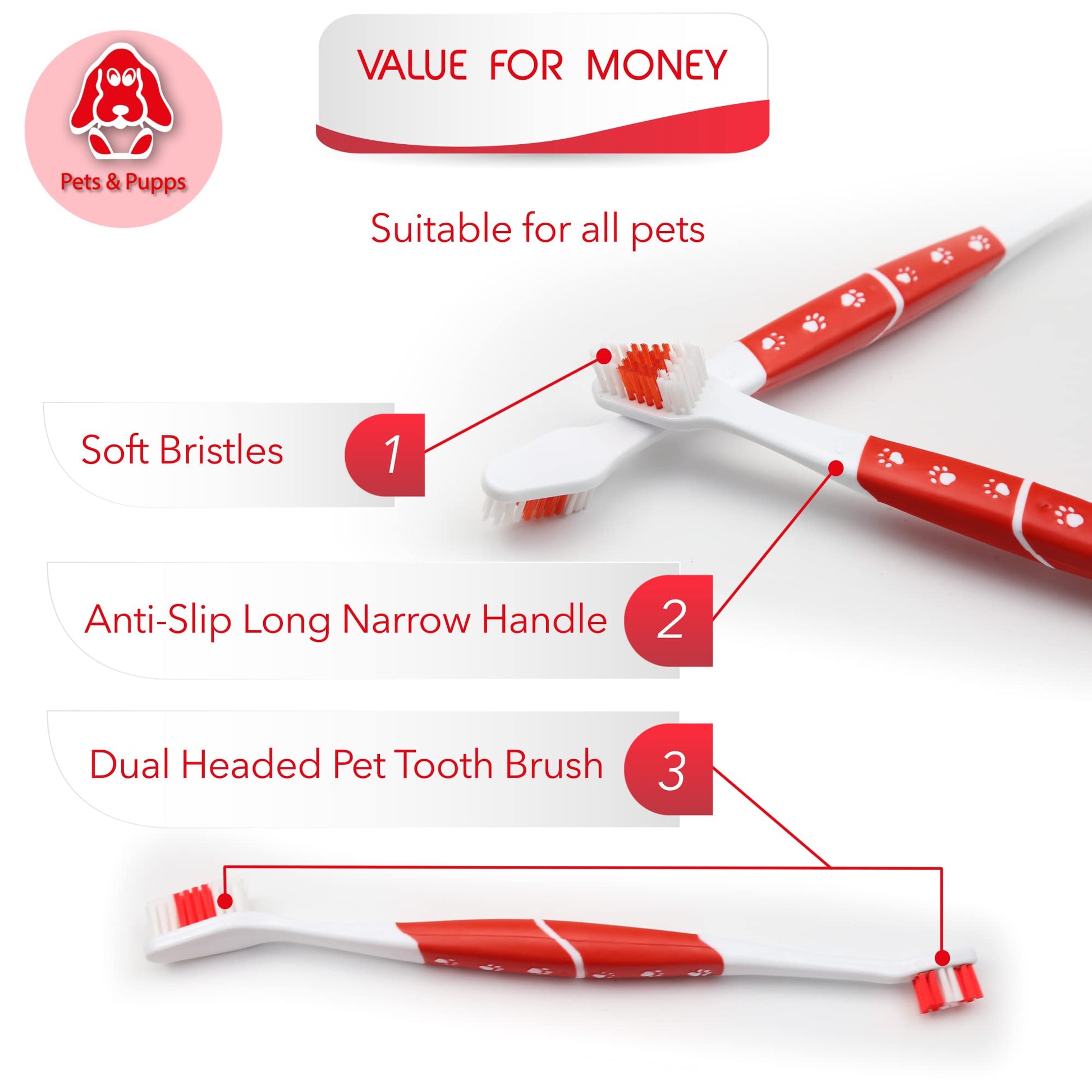 Cepillo de dientes para perros y gatos con cerdas suaves, fácil limpieza de dientes y cuidado dental, cepillo de dientes de doble cabeza antideslizante para perros – Elige tu paquete (paquete de 1)