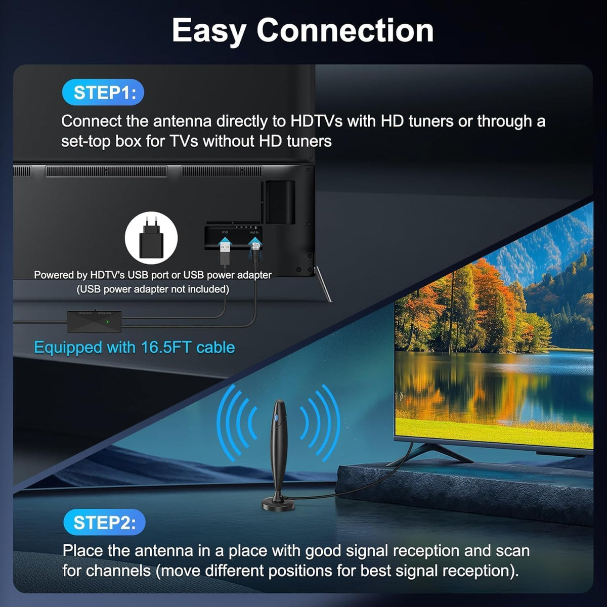 Antena Digital de TV para Smart TV con Recepción de Largo Alcance y Protección contra Sobretensiones y Rayos en Negro