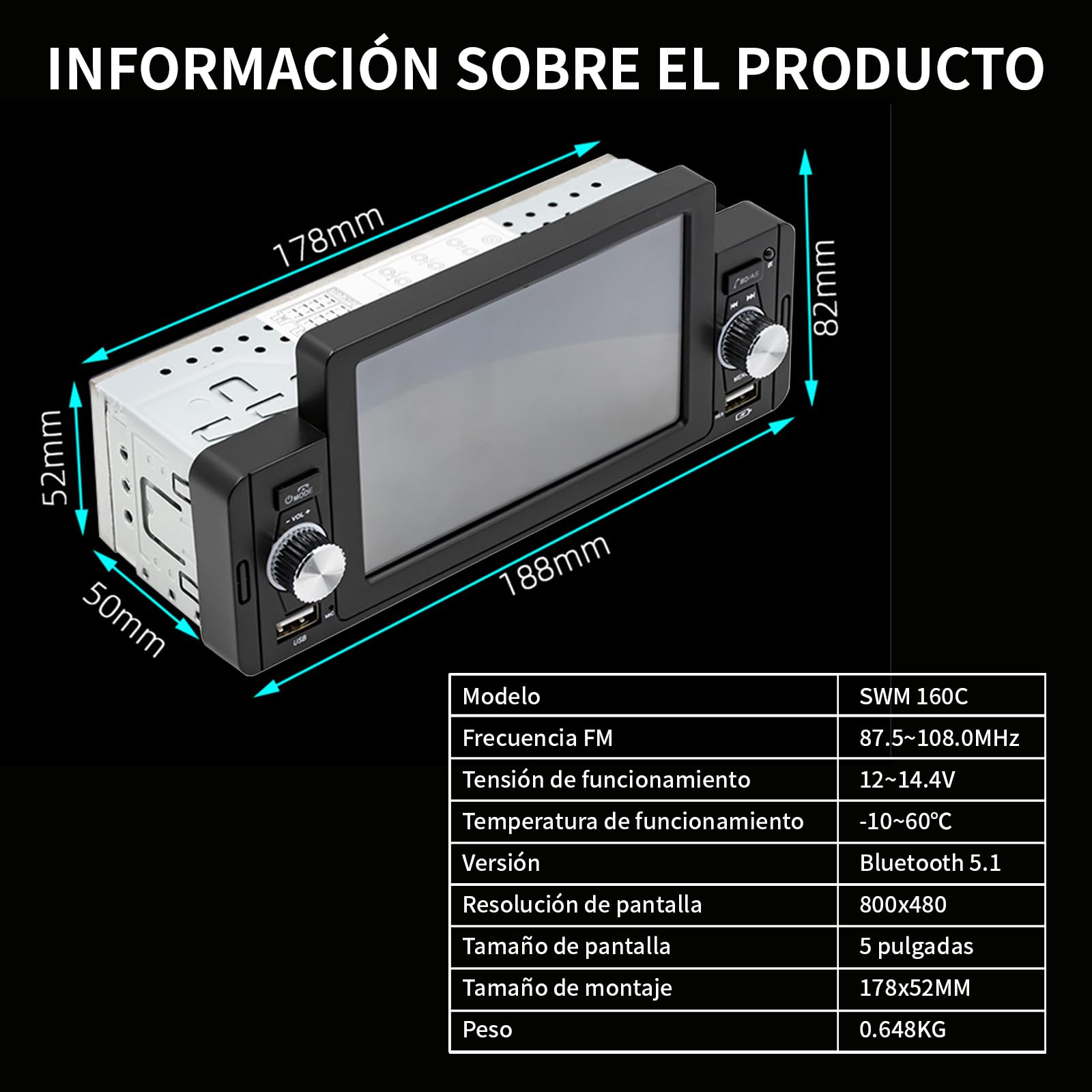 FINYQBET Estéreo 160C para Auto 5 Pulgadas con Bluetooth 5.1, CarPlay, Android Auto, Cámara de Reversa, Control de Volante, MP5, USB, RCA y Pantalla Táctil HD, Compatible con Vehículos de 12V