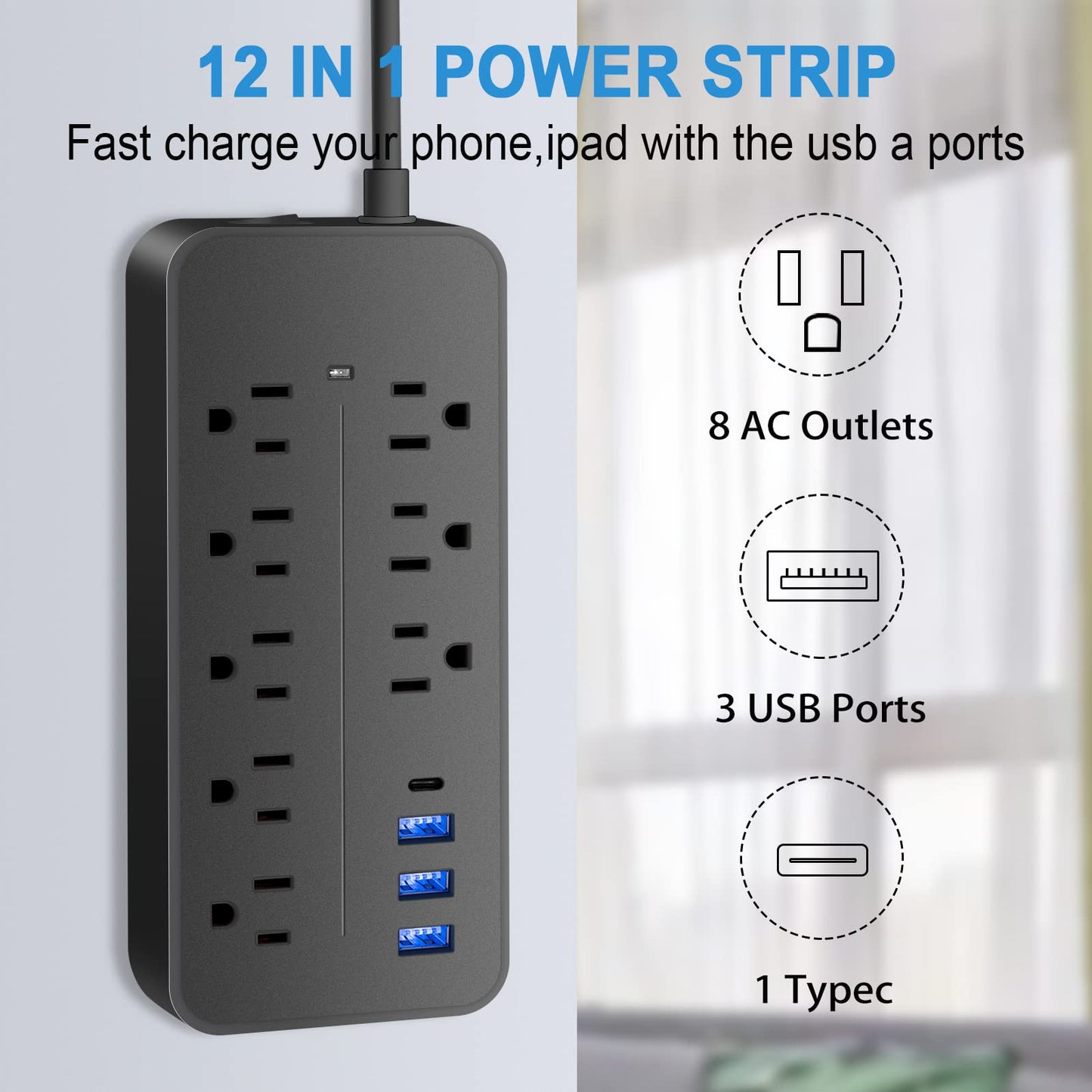 BOPARTE USB Multicontacto, Regleta de 1,2 m, 8 Salidas, 3 Puertos de Carga USB, (5 V / 2 A), 1 Puerto USB-C, Conector múltiple, Regleta para el hogar, Oficina, Dormitorio, Negro