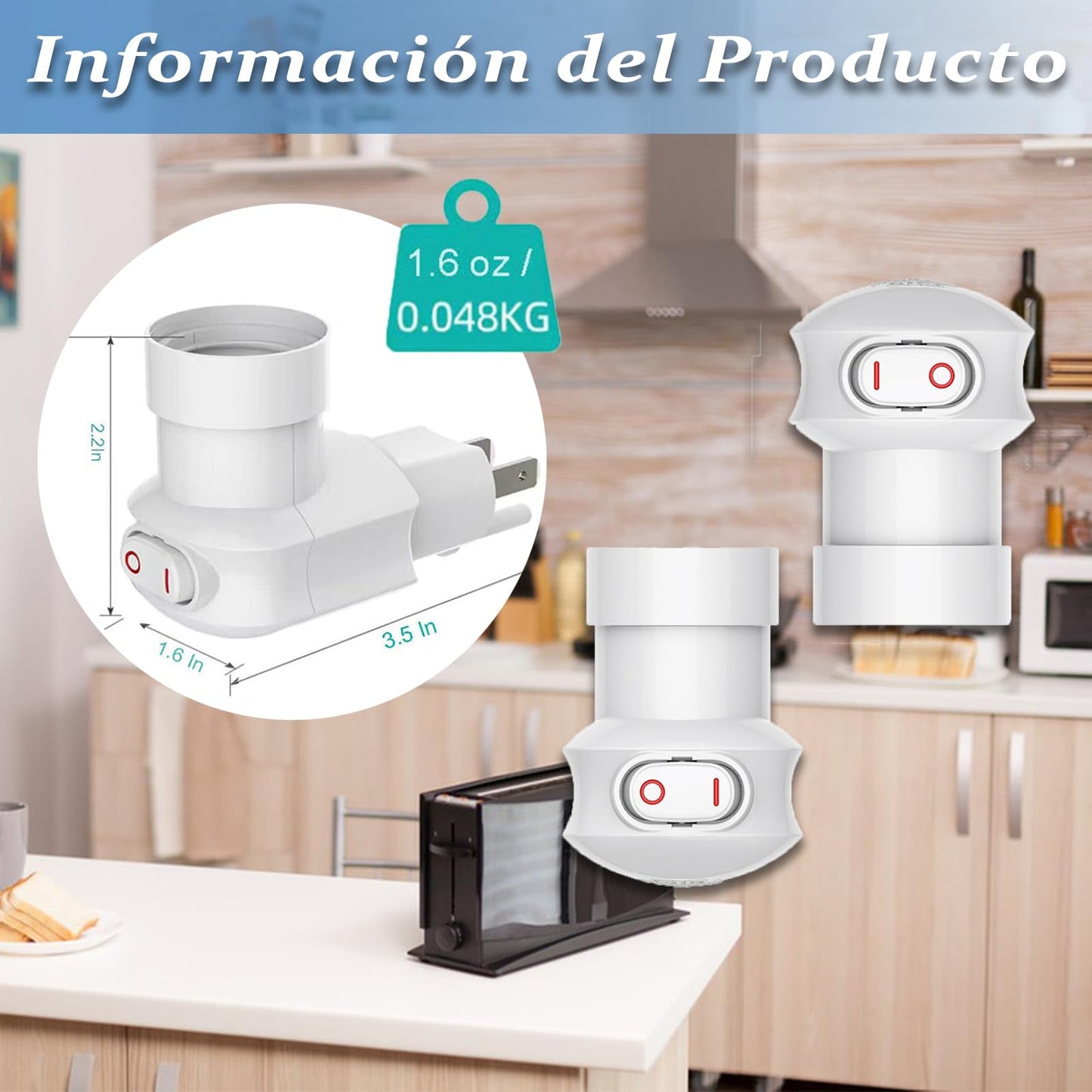 MOSU Enchufe de luz enchufable,Adaptador de extensión de Enchufe E26/E27 con Interruptor,Toma de Corriente de 3 Clavijas a Enchufe Giratorio de 360°,Adecuado para porches,Patios,garajes(Pack de 2)