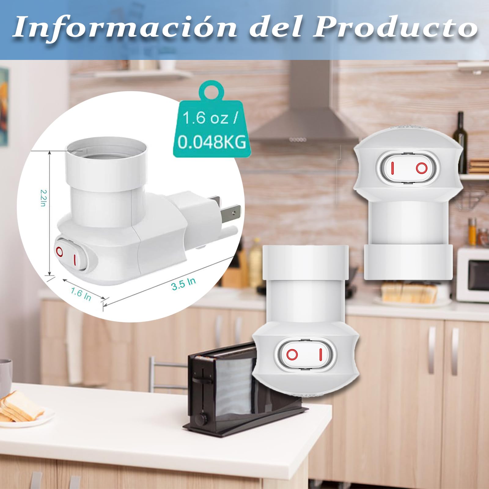 MOSU Enchufe de luz enchufable,Adaptador de extensión de Enchufe E26/E27 con Interruptor,Toma de Corriente de 3 Clavijas a Enchufe Giratorio de 360°,Adecuado para porches,Patios,garajes(Pack de 2)