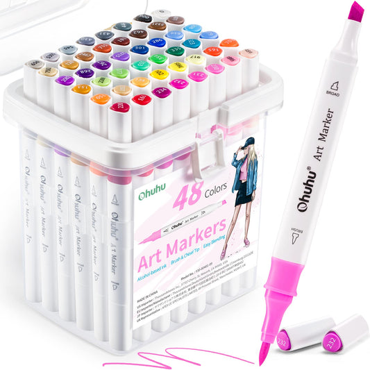 Marcadores Ohuhu: set de 48 marcadores de alcohol de doble punta (pincel y cincel) para colorear e ilustrar, diseñado para adultos, incluye un agarre ergonómico único, para principiantes