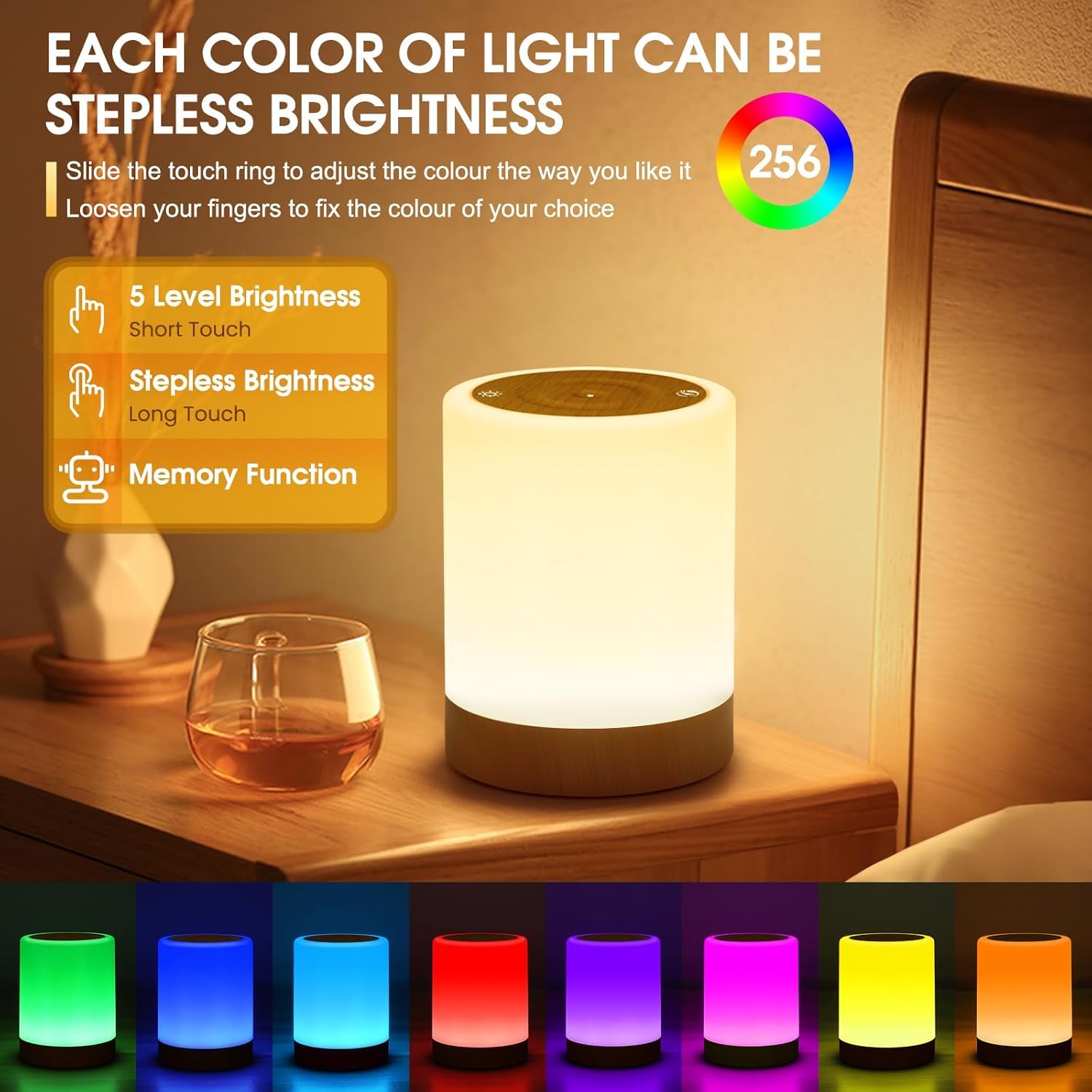 Lámpara de Noche, Sepper Lámpara de Mesita de Noche USB Recargable Regulable, 5 Niveles de Brillo 256 Colores RGB, Control Remoto y Control Tactil Lampara Ambiente Lámpara de Mesa para Decoración