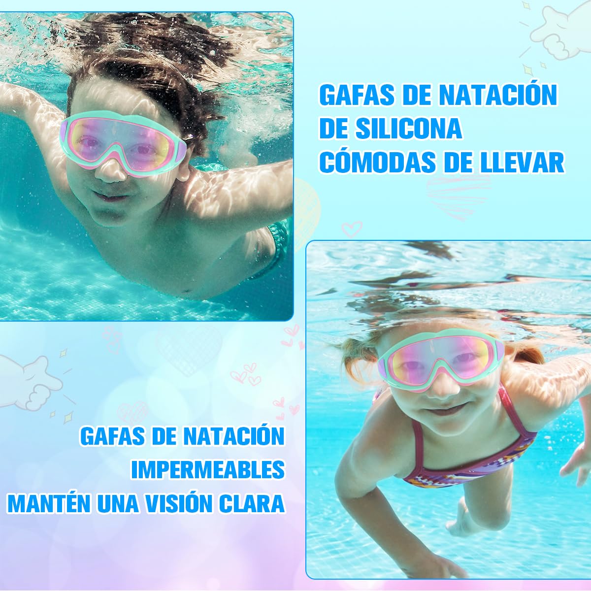 Gafas de Natación para Niños, Goggles para Niños, Gafas de Natación Antivaho y Antifugas, Anteojos de Natación Ajustables de Silicona, Protección UV, Adecuado para Niños y Niñas de 3 a 16 años