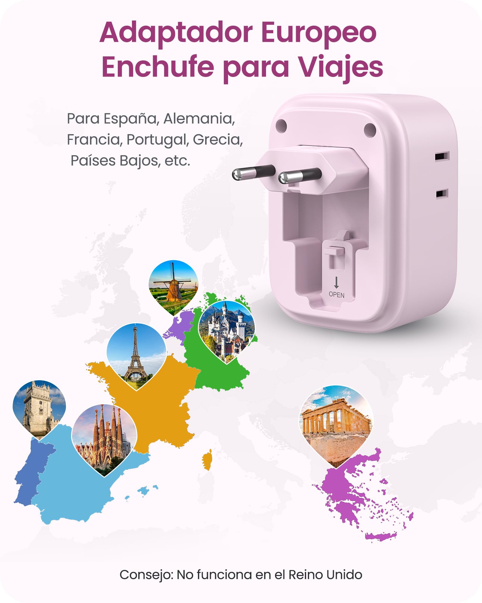 LENCENT Adaptador Europeo Plegable, Adaptador de Corriente con 4 Salidas y 4 Puertos USB (2USB C), Cargador Americano a Europeo para Alemania, España, Italia, Francia, Apto para Cruceros, Rosado