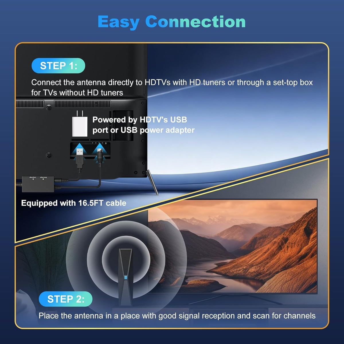 Antena de TV con Amplificador para Televisores Inteligentes y Antiguos Más de 2500 Millas de Alcance Digital 4K 1080P VHF UHF Recepción 360º para Interiores