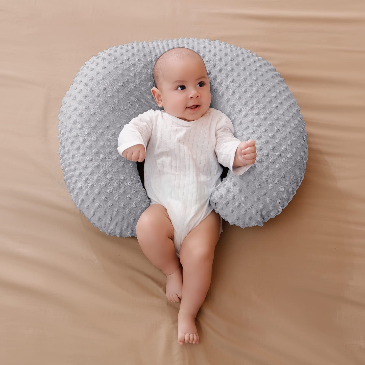 Almohada y posicionador de lactancia con funda para lactancia materna y alimentación con biberón, apoyo para bebé, tiempo de barriga, soporte para sentarse al bebé, soporte para despertar tiempo (gris