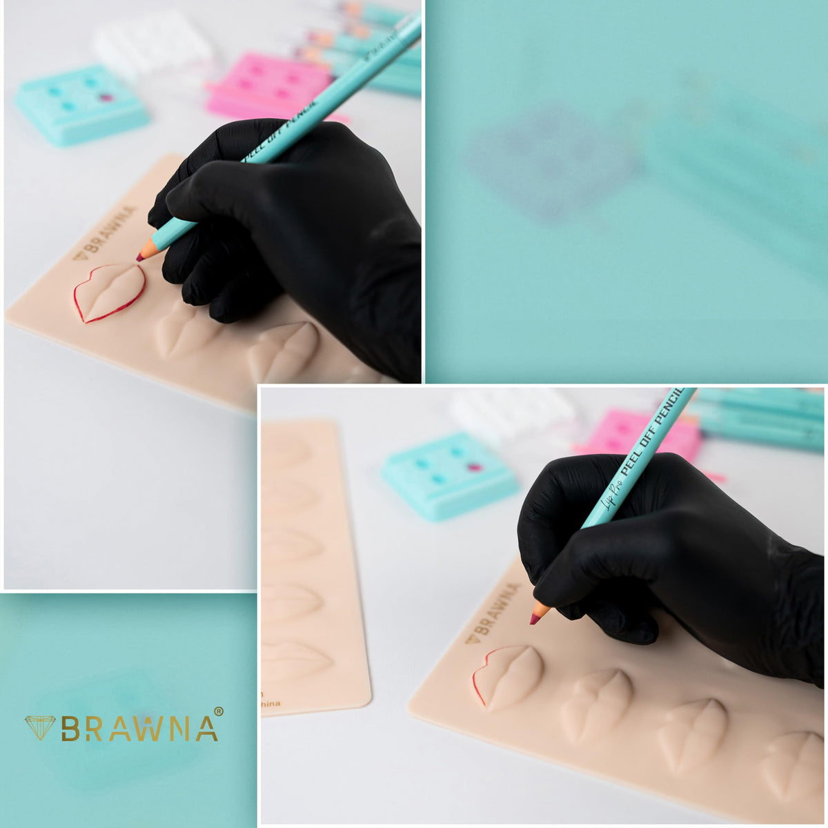 BRAWNA Piel de Práctica 3D Labios 3Pcs Maquillaje Permanente | Silicona Suave Textura Humana, 10 Formas Lip Blush