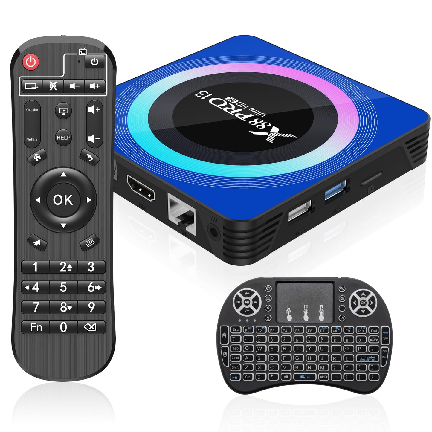 Caja de TV Android 13.0, 6K 8K Android Box con 4GB RAM 64GB ROM RK3528 Quad-Core compatible con WiFi6 2.4Ghz/5.0Ghz HDR10 BT 5.0 H.265 USB 2.0 3.0 Ethernet 3D con mini teclado retroiluminado