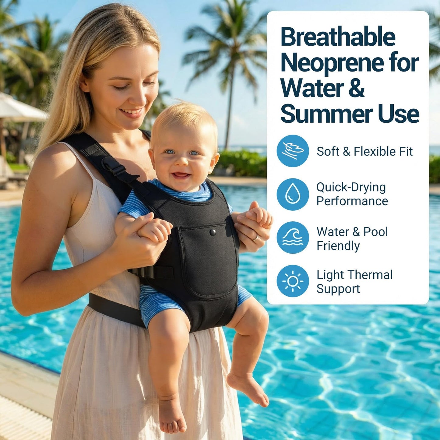 Portabebés de neopreno para bebés recién nacidos a niños, ergonómico e impermeable para el pecho con correas ajustables, transpirable y ligero, equipo de uso para verano, piscina, natación y playa
