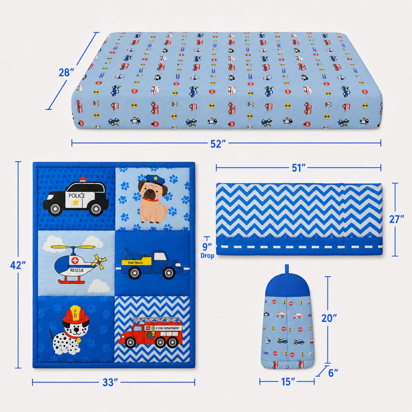 EVERYDAY KIDS Juego de ropa de cama de 3 piezas para cuna, pequeño rescatador, incluye edredón, sábana bajera y volantes antipolvo, juego de cama para guardería, juego de cama para cuna de bebé