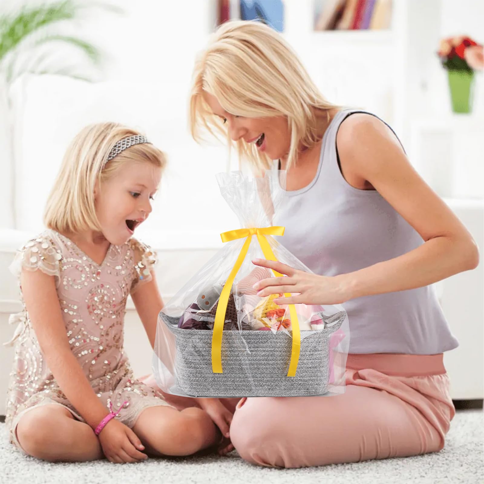OIAHOMY - Cesta de regalo vacía con bolsas de regalo y cintas, cesta de cuerda para baby shower, cesta de almacenamiento con asas para guardería, cesta de juguetes para mascotas, color gris