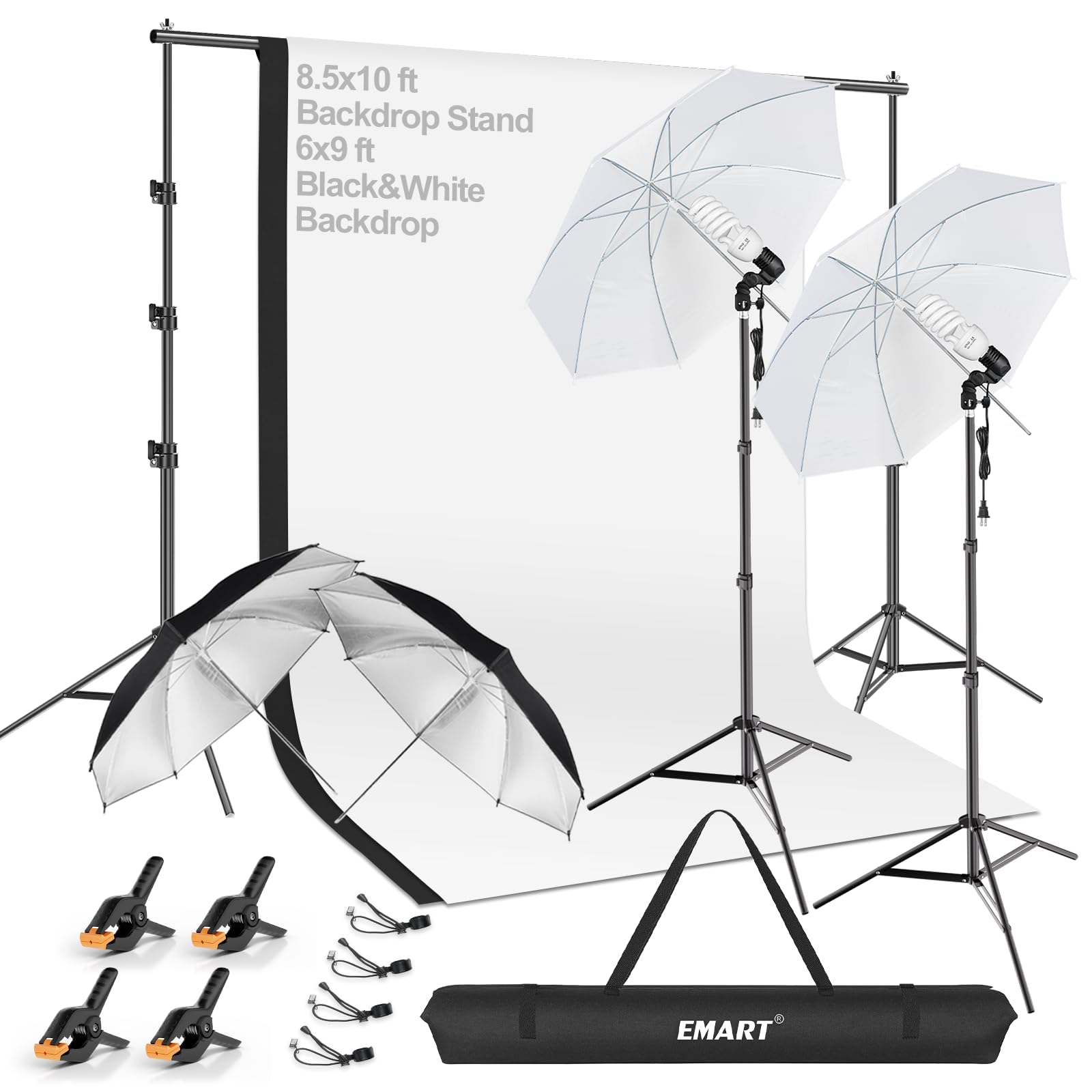 EMART Kit Soporte De Fondo 8.5×10ft con Telas Negras Y Blancas